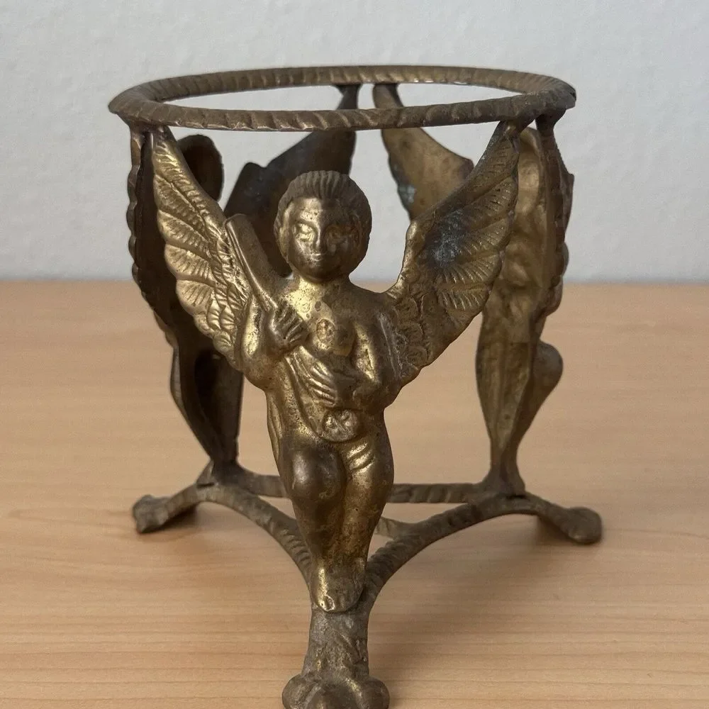 Vtg Antique Brass‎ Cherub Angel Plant Candle Orb Stand Holder Clawfoot Tripod